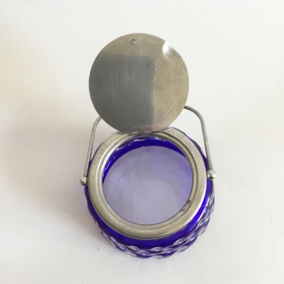 Cobalt Blue Cut to Clear Glass Flashed Geometric Pattern Hinged Marmalade Jar - Picture 6 of 12